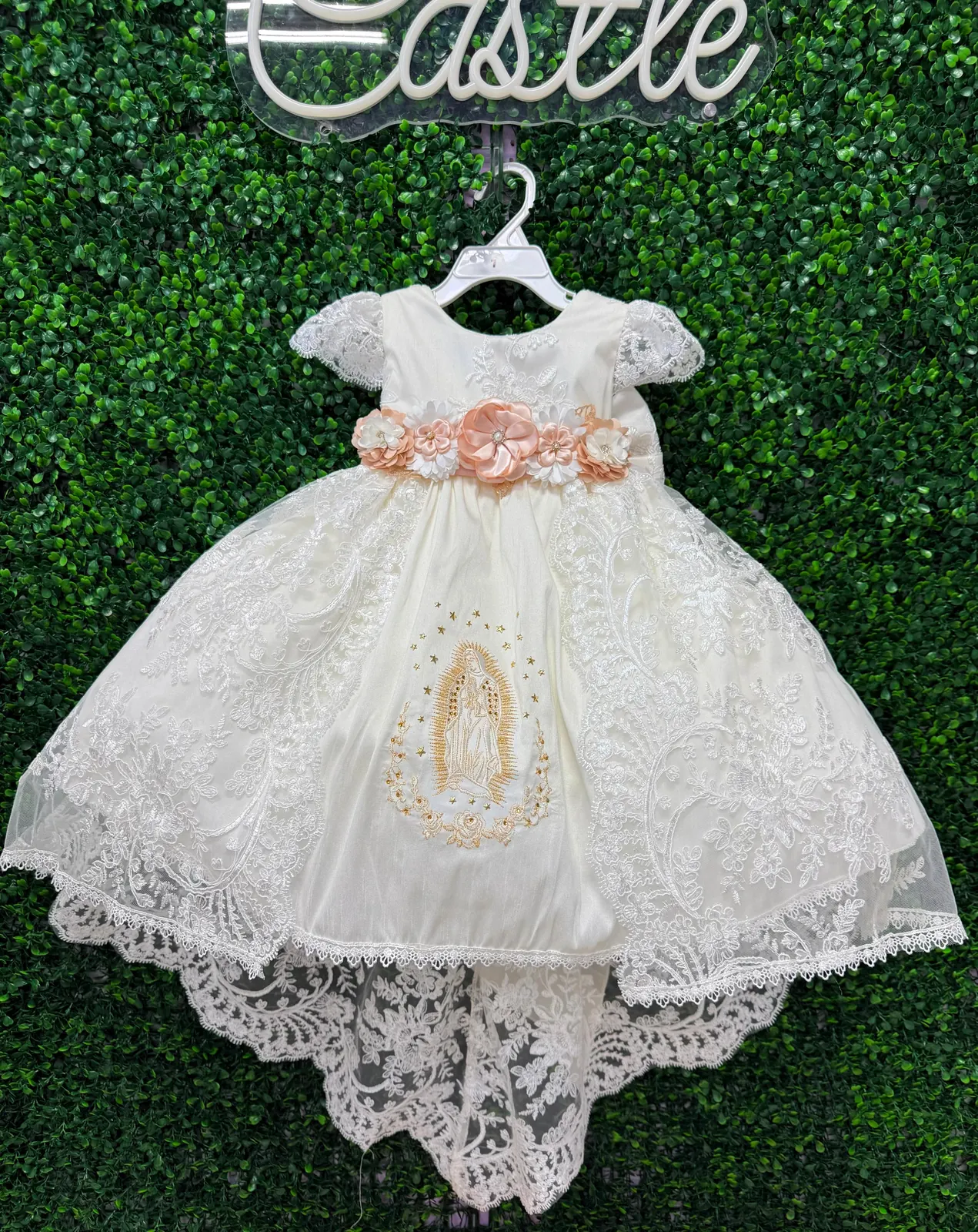 Ivory christening gown with Virgen de Guadalupe embroidery