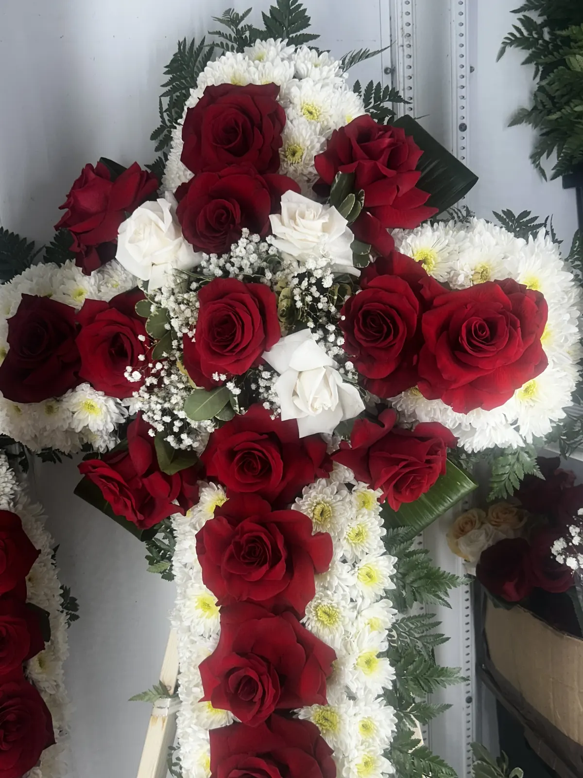 Red rose and white chrysanthemum floral cross
